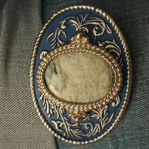 Vintage unisex silver tone and blue accent belt buckle with Moss Agate